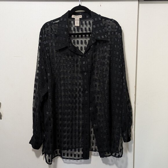 Notations Black Button Up Sheer Collared Blouse - Picture 1 of 5